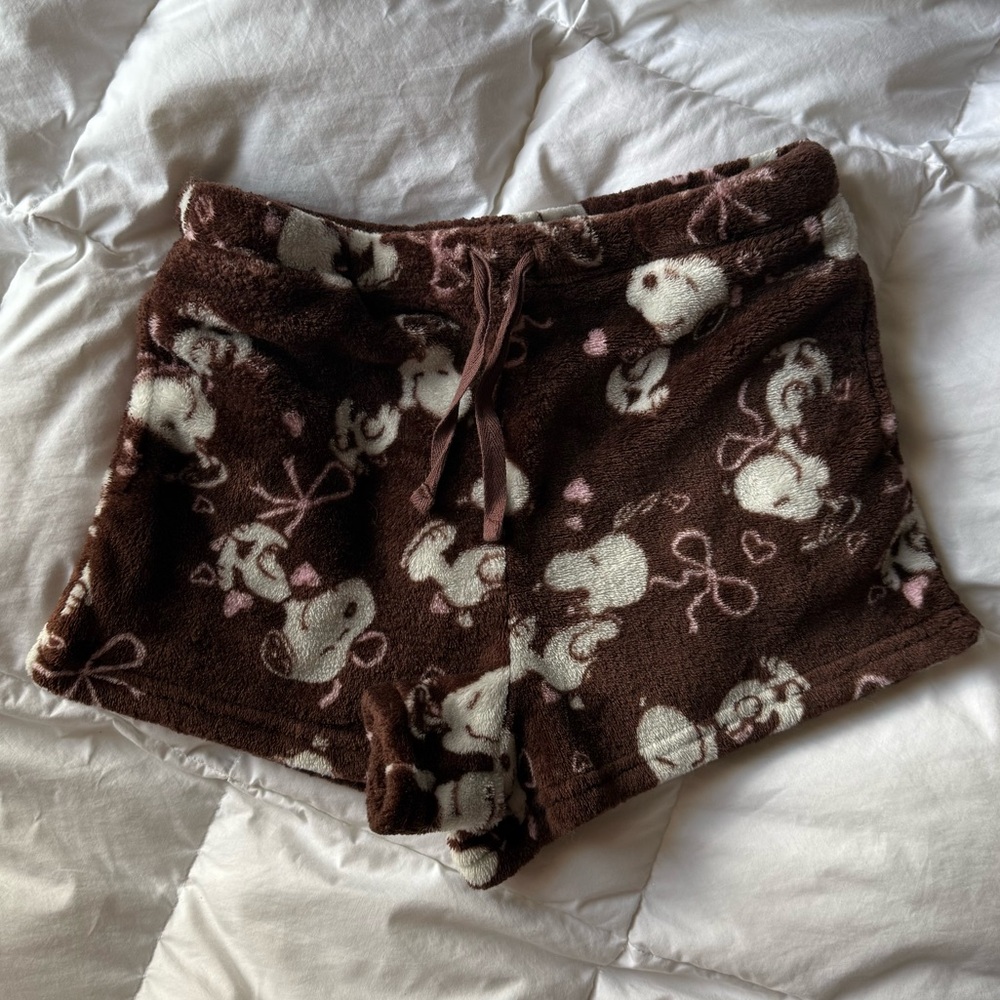 Snoopy Lounge Pajama Shorts Plush Cozy Brown Small